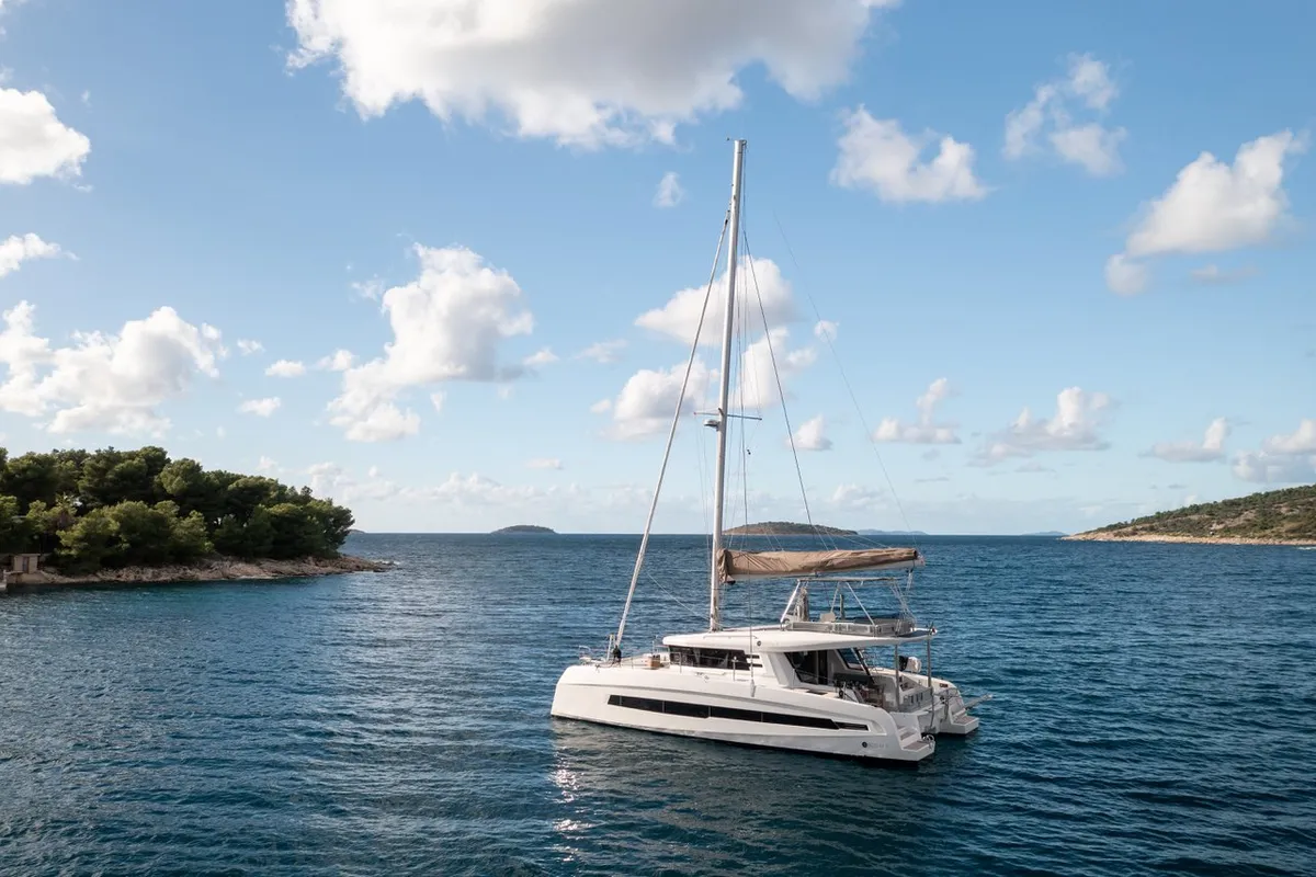 Exterior view of Bela, a Cervetti 44 catamaran at Primošten, Croatia