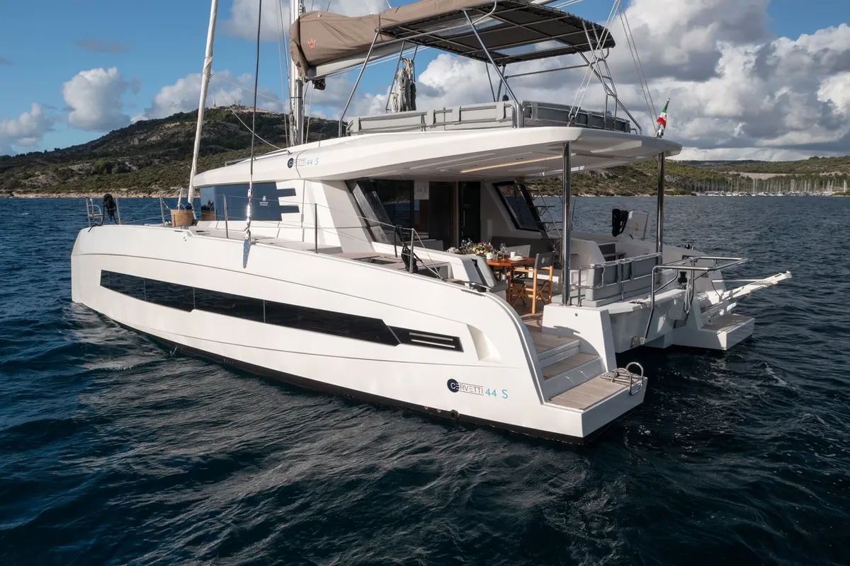 Exterior view of Bela, a Cervetti 44 catamaran at Primošten, Croatia