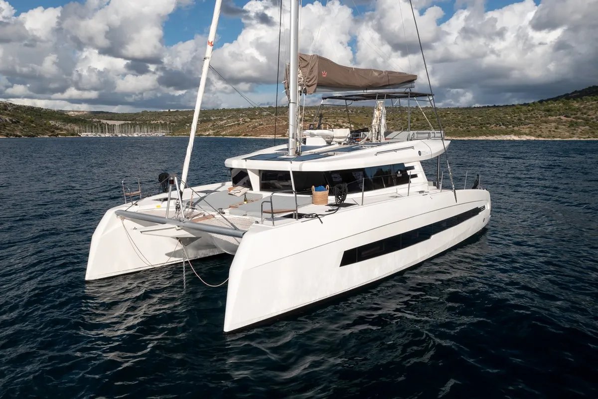Exterior view of Bela, a Cervetti 44 catamaran at Primošten, Croatia