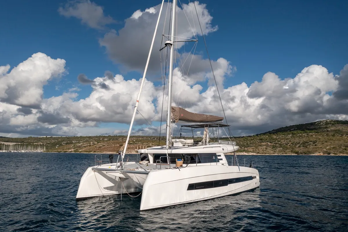Exterior view of Bela, a Cervetti 44 catamaran at Primošten, Croatia