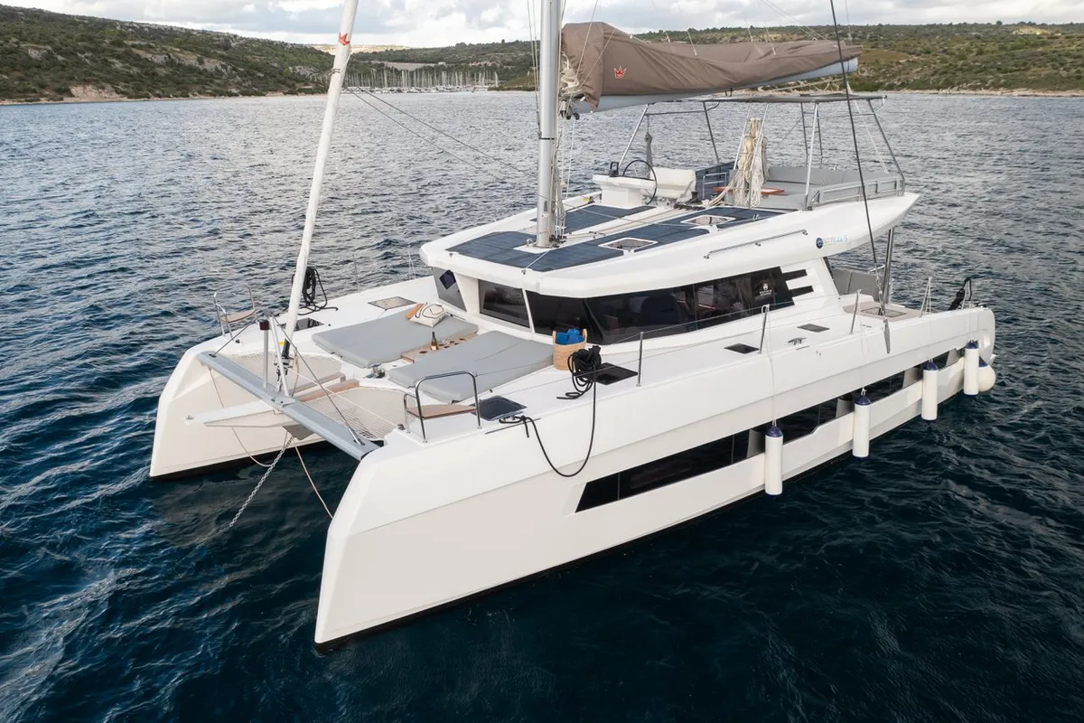Exterior view of Bela, a Cervetti 44 catamaran at Primošten, Croatia