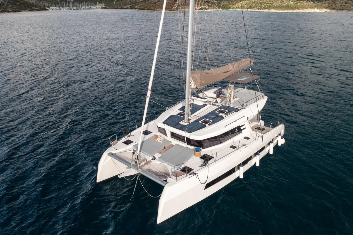 Exterior view of Bela, a Cervetti 44 catamaran at Primošten, Croatia