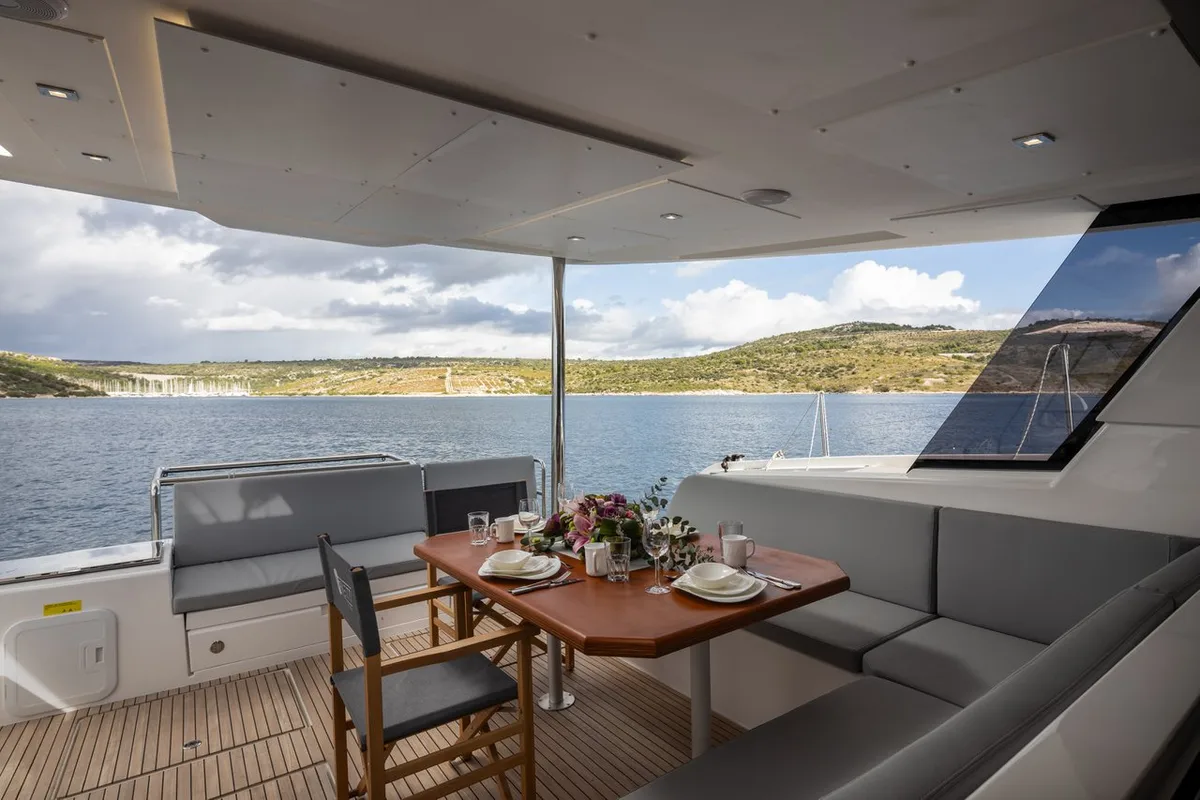 Deck of Bela, a Cervetti 44 catamaran at Primošten, Croatia