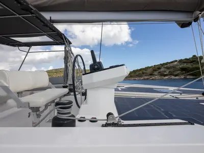 Cockpit of Bela, a Cervetti 44 catamaran at Primošten, Croatia