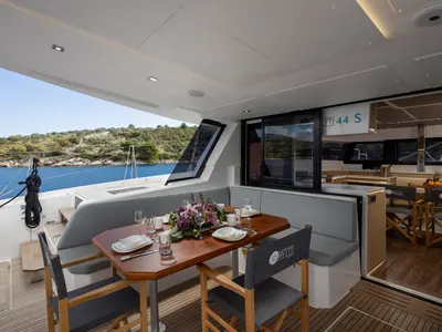 Deck of Bela, a Cervetti 44 catamaran at Primošten, Croatia