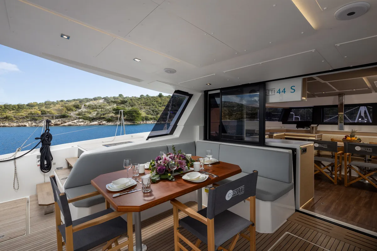 Deck of Bela, a Cervetti 44 catamaran at Primošten, Croatia