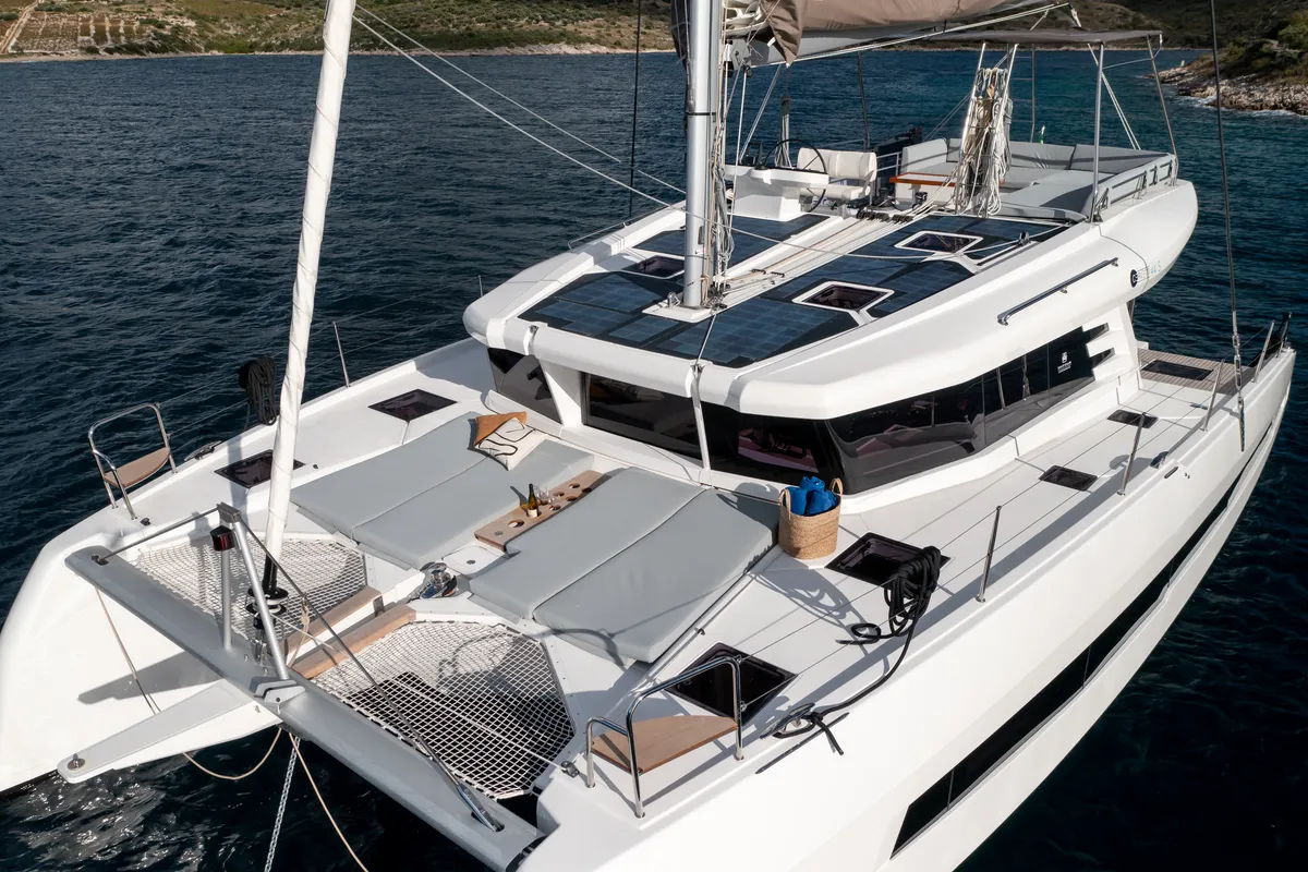 Deck of Bela, a Cervetti 44 catamaran at Primošten, Croatia
