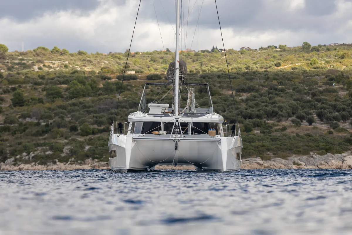 Exterior view of Bela, a Cervetti 44 catamaran at Primošten, Croatia