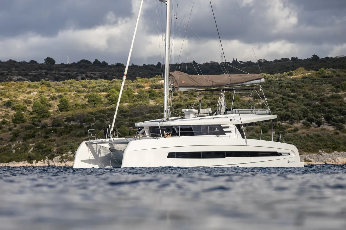 Exterior view of Bela, a Cervetti 44 catamaran at Primošten, Croatia