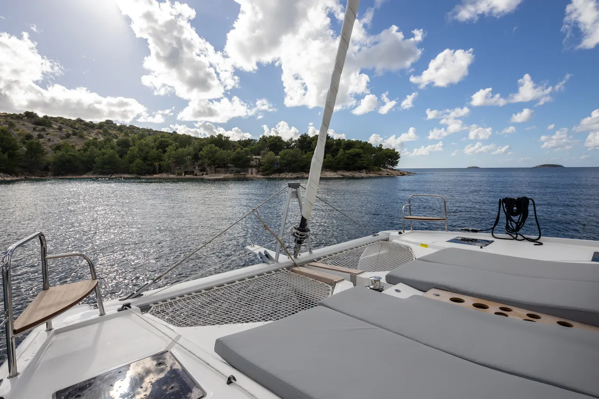 Deck of Bela, a Cervetti 44 catamaran at Primošten, Croatia
