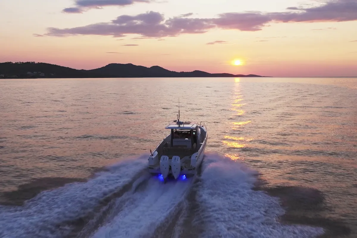 Exterior view of Kali, a Nimbus T11 motorboat at Općina Sukošan, Croatia