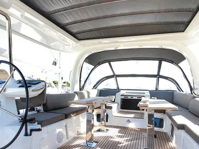 Cockpit of Lyra, a Jeanneau 60 sailboat at Athens, Greece