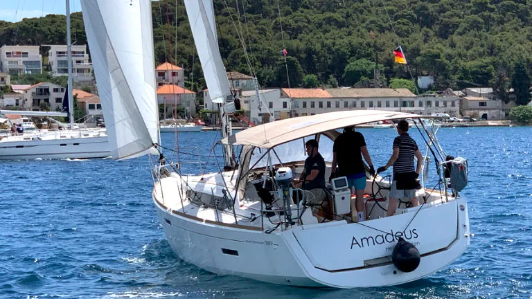 Exterior view of Amadeus, a Jeanneau Sun Odyssey 389 sailboat at Općina Rogoznica, Croatia