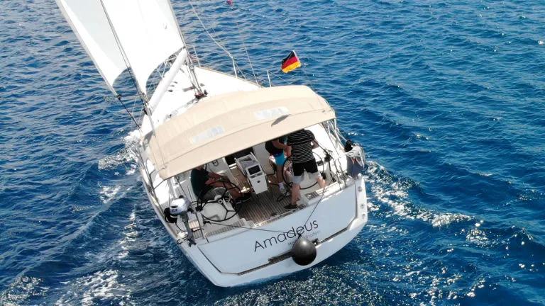 Exterior view of Amadeus, a Jeanneau Sun Odyssey 389 sailboat at Općina Rogoznica, Croatia