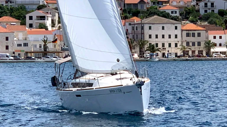 Exterior view of Amadeus, a Jeanneau Sun Odyssey 389 sailboat at Općina Rogoznica, Croatia
