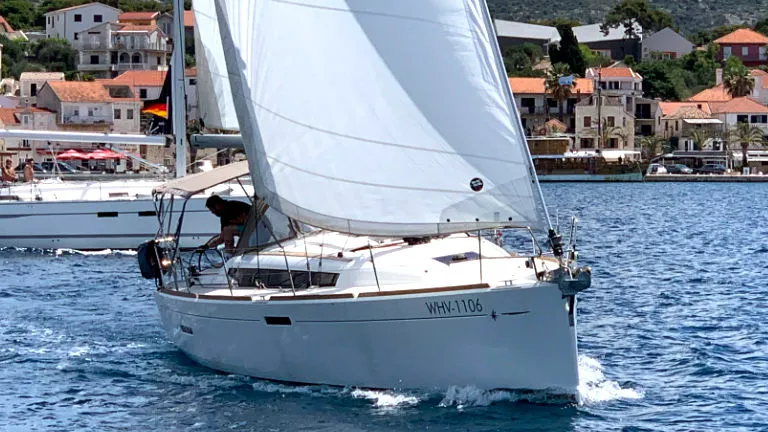 Exterior view of Amadeus, a Jeanneau Sun Odyssey 389 sailboat at Općina Rogoznica, Croatia