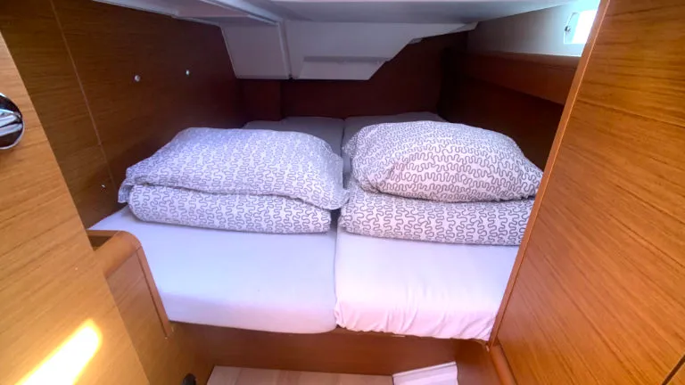 Cabin on Amadeus, a Jeanneau Sun Odyssey 389 sailboat at Općina Rogoznica, Croatia