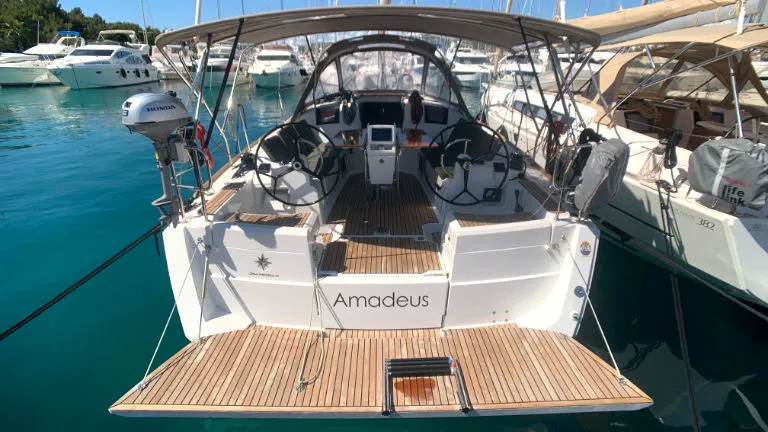 Cockpit of Amadeus, a Jeanneau Sun Odyssey 389 sailboat at Općina Rogoznica, Croatia