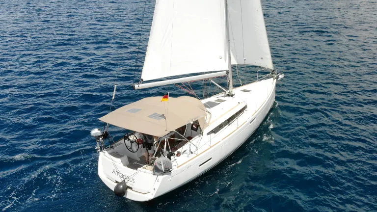 Exterior view of Amadeus, a Jeanneau Sun Odyssey 389 sailboat at Općina Rogoznica, Croatia