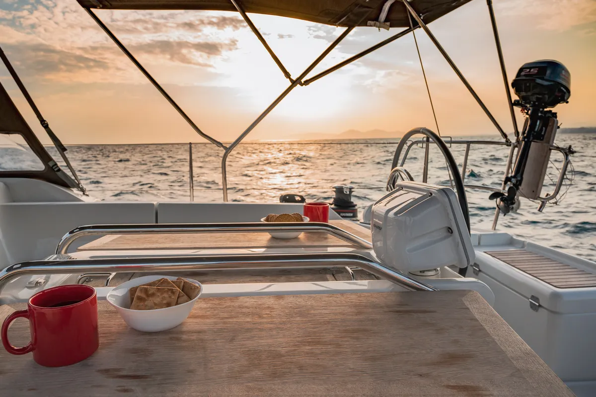 Deck of Asante, a Jeanneau Sun Odyssey 449 sailboat at Municipal Unit of Lefkada, Greece