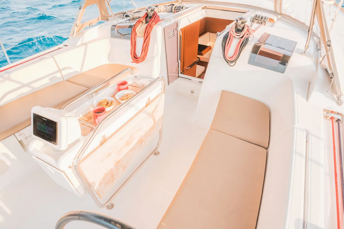 Deck of Asante, a Jeanneau Sun Odyssey 449 sailboat at Municipal Unit of Lefkada, Greece