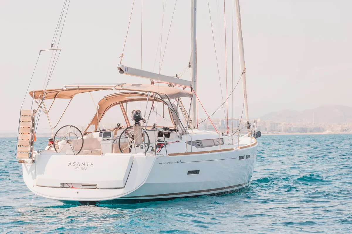 Exterior view of Asante, a Jeanneau Sun Odyssey 449 sailboat at Municipal Unit of Lefkada, Greece