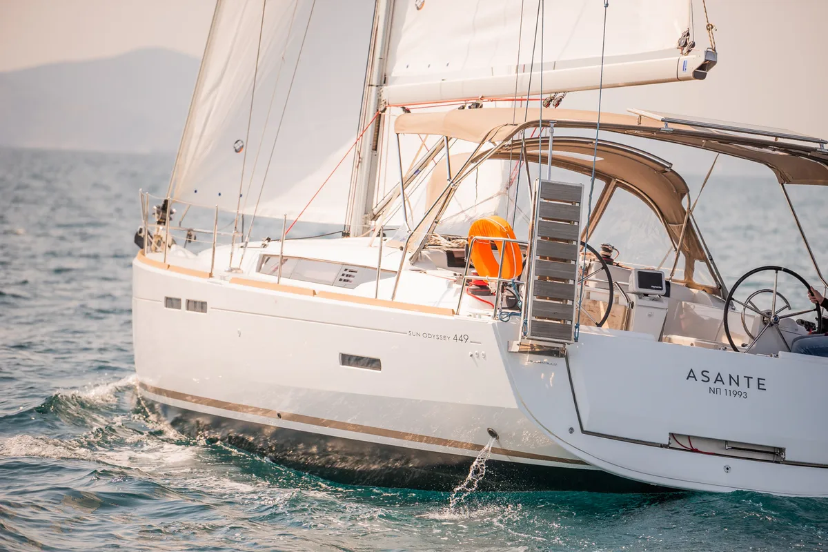 Exterior view of Asante, a Jeanneau Sun Odyssey 449 sailboat at Municipal Unit of Lefkada, Greece