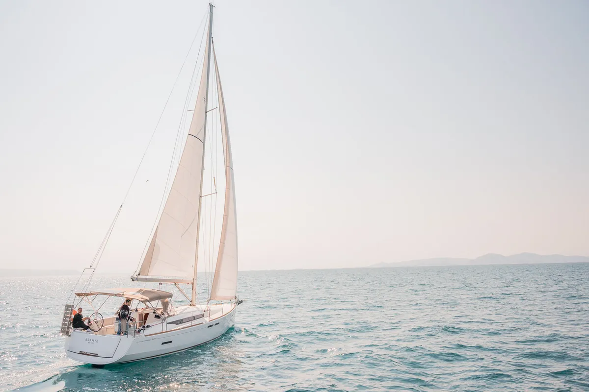 Exterior view of Asante, a Jeanneau Sun Odyssey 449 sailboat at Municipal Unit of Lefkada, Greece