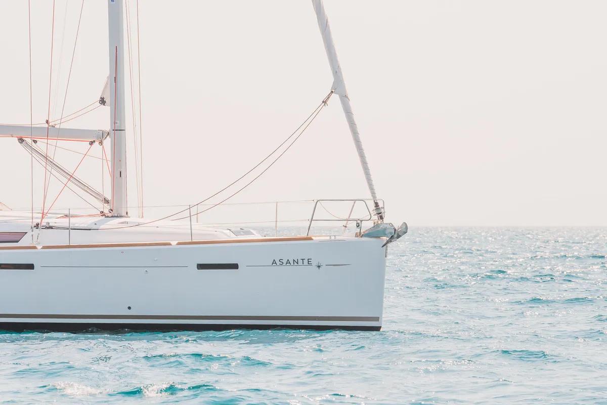 Exterior view of Asante, a Jeanneau Sun Odyssey 449 sailboat at Municipal Unit of Lefkada, Greece
