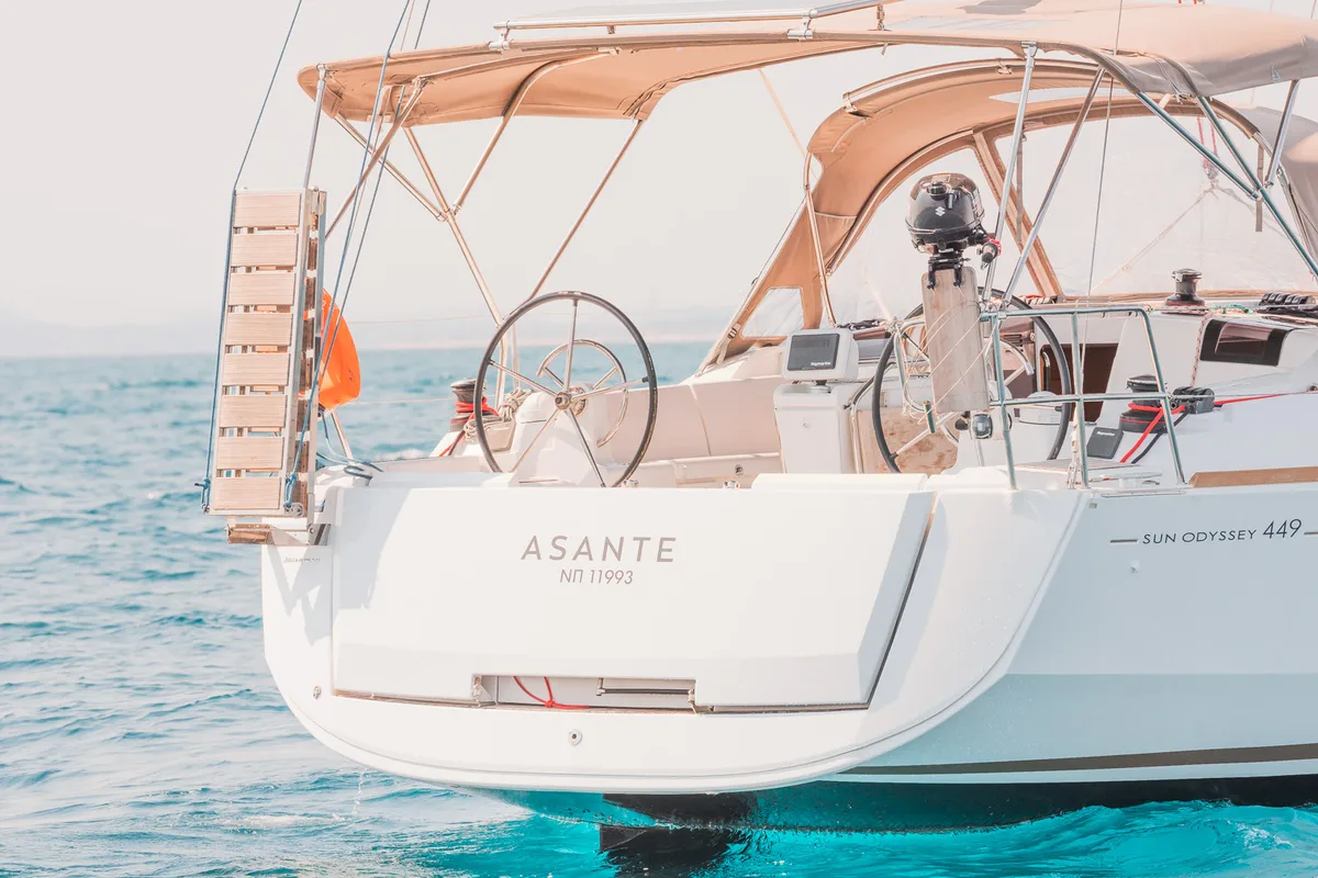Exterior view of Asante, a Jeanneau Sun Odyssey 449 sailboat at Municipal Unit of Lefkada, Greece