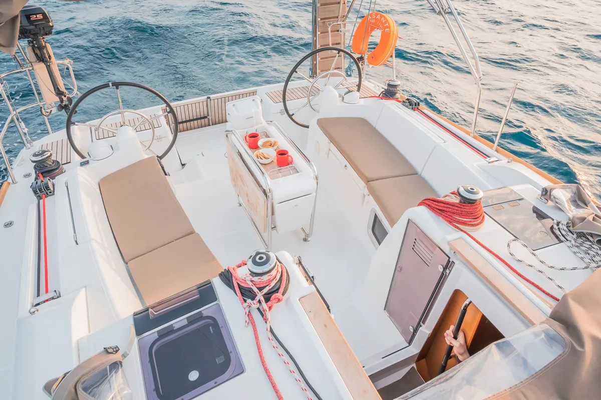 Deck of Asante, a Jeanneau Sun Odyssey 449 sailboat at Municipal Unit of Lefkada, Greece