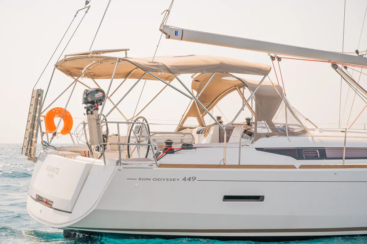 Exterior view of Asante, a Jeanneau Sun Odyssey 449 sailboat at Municipal Unit of Lefkada, Greece