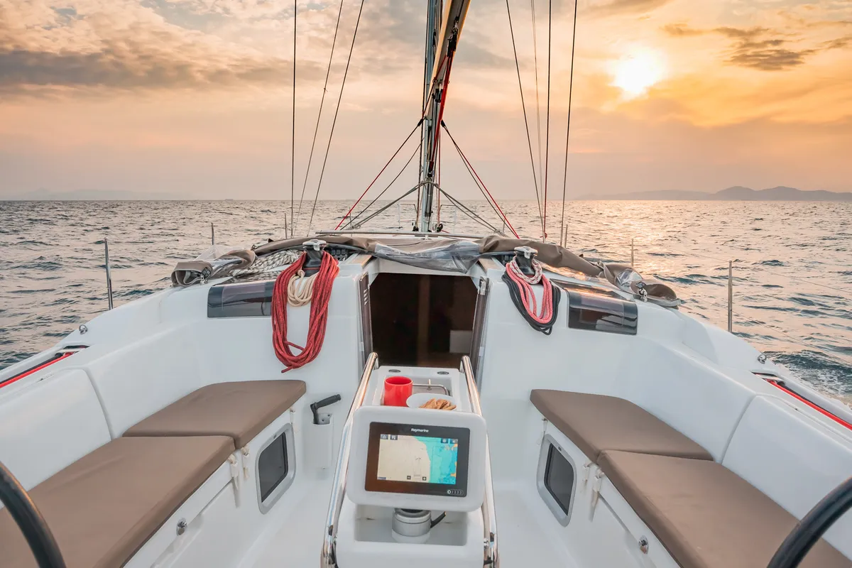 Deck of Asante, a Jeanneau Sun Odyssey 449 sailboat at Municipal Unit of Lefkada, Greece