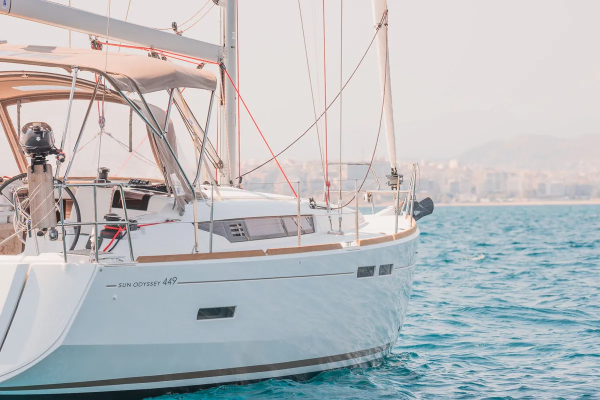 Exterior view of Asante, a Jeanneau Sun Odyssey 449 sailboat at Municipal Unit of Lefkada, Greece