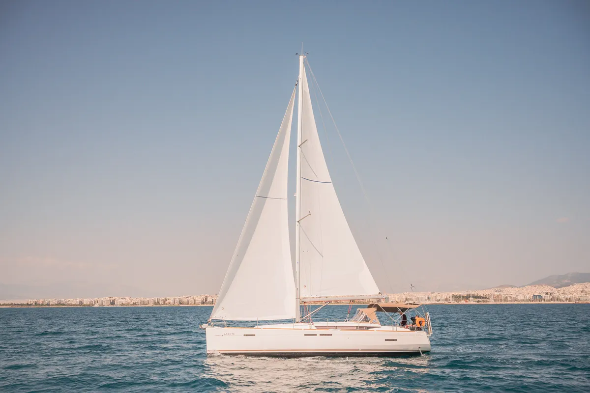 Exterior view of Asante, a Jeanneau Sun Odyssey 449 sailboat at Municipal Unit of Lefkada, Greece