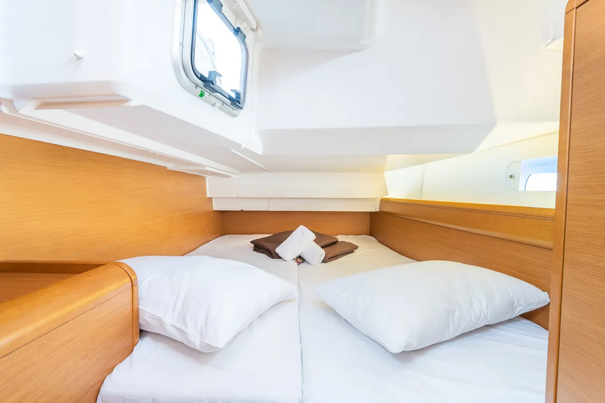 Exterior view of Asante, a Jeanneau Sun Odyssey 449 sailboat at Municipal Unit of Lefkada, Greece