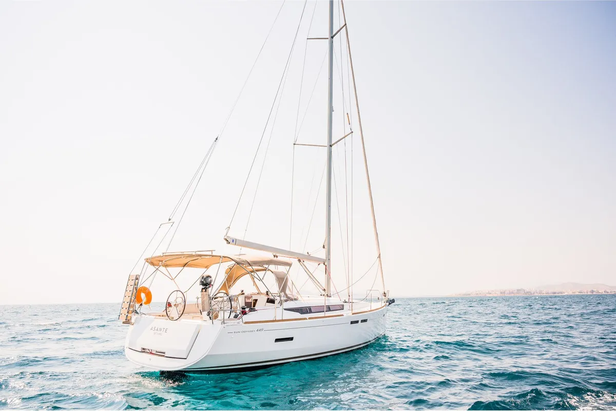 Deck of Asante, a Jeanneau Sun Odyssey 449 sailboat at Municipal Unit of Lefkada, Greece
