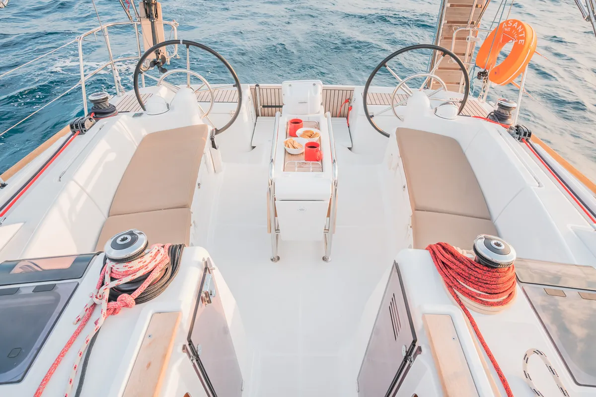 Cockpit of Asante, a Jeanneau Sun Odyssey 449 sailboat at Municipal Unit of Lefkada, Greece