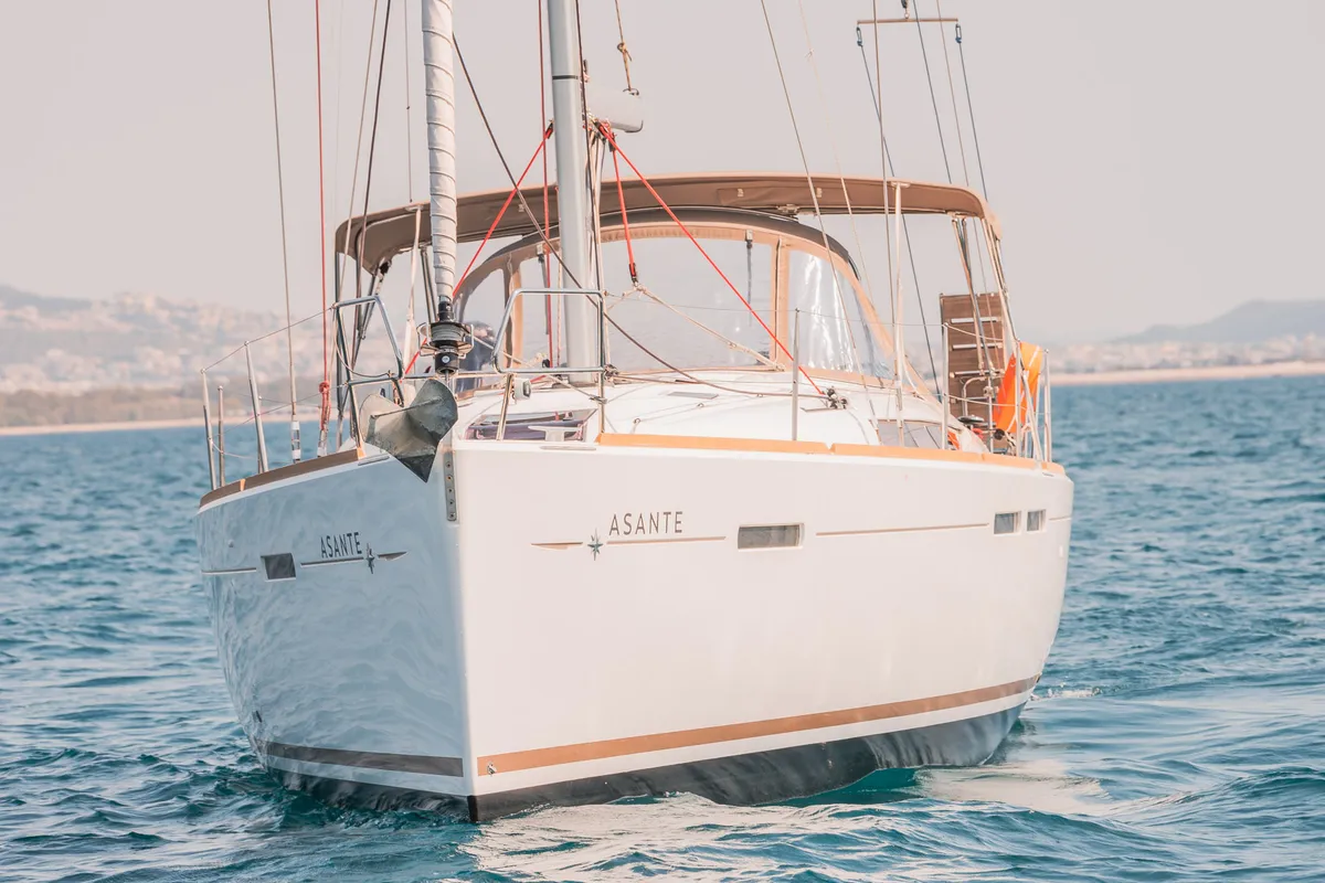 Exterior view of Asante, a Jeanneau Sun Odyssey 449 sailboat at Municipal Unit of Lefkada, Greece