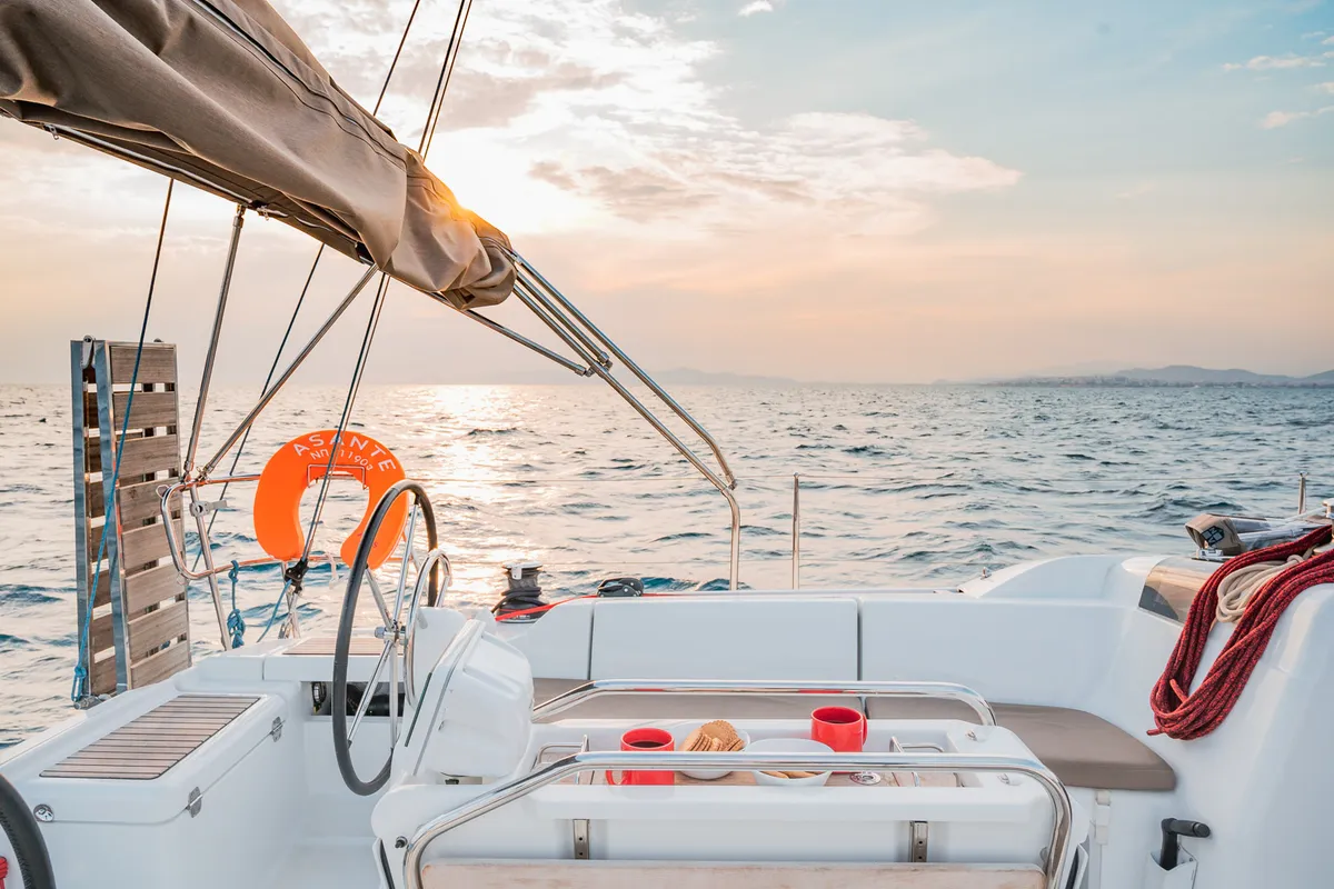 Deck of Asante, a Jeanneau Sun Odyssey 449 sailboat at Municipal Unit of Lefkada, Greece
