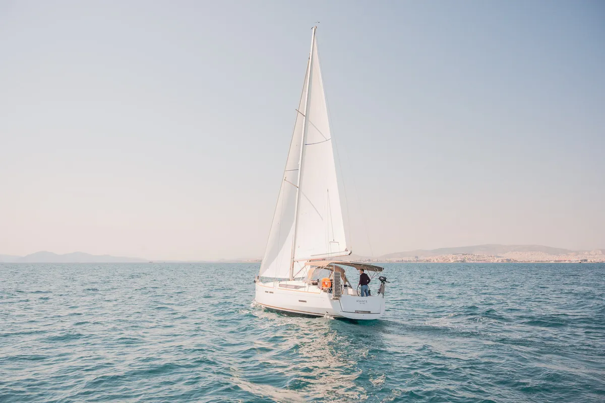 Exterior view of Asante, a Jeanneau Sun Odyssey 449 sailboat at Municipal Unit of Lefkada, Greece