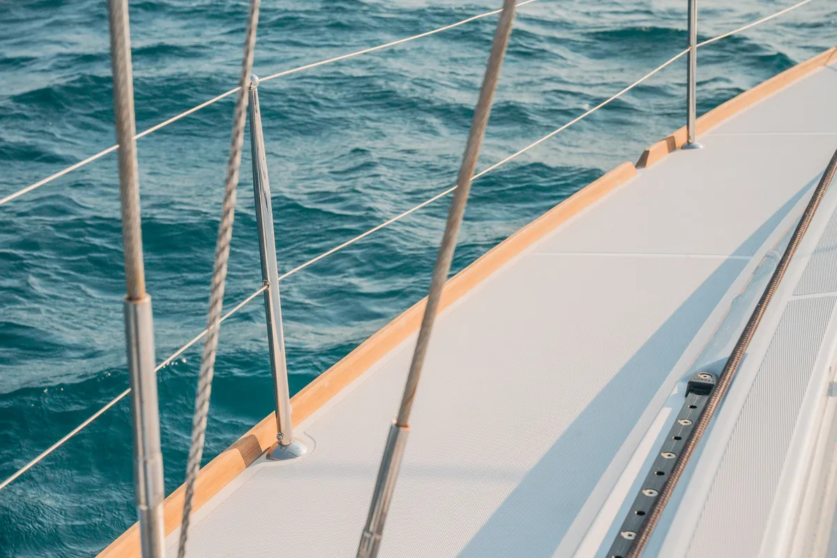 Deck of Asante, a Jeanneau Sun Odyssey 449 sailboat at Municipal Unit of Lefkada, Greece