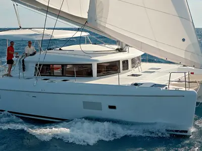 Deck of Dynamis, a Lagoon 420 catamaran at Sithonia, Greece