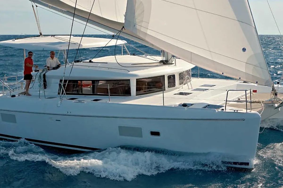 Deck of Dynamis, a Lagoon 420 catamaran at Sithonia, Greece