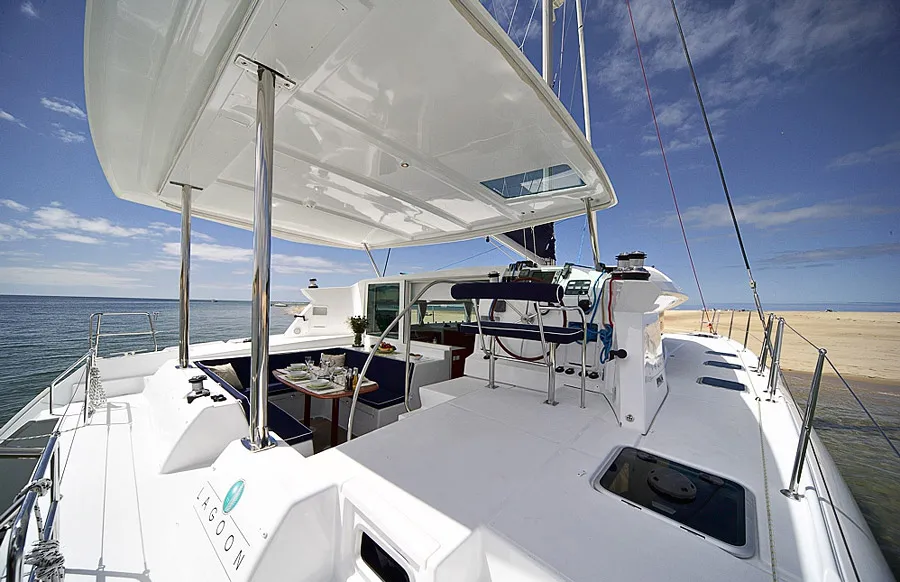 Exterior view of Dynamis, a Lagoon 420 catamaran at Sithonia, Greece