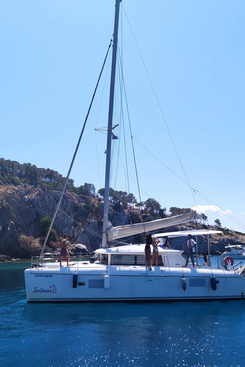 Exterior view of Dynamis, a Lagoon 420 catamaran at Sithonia, Greece