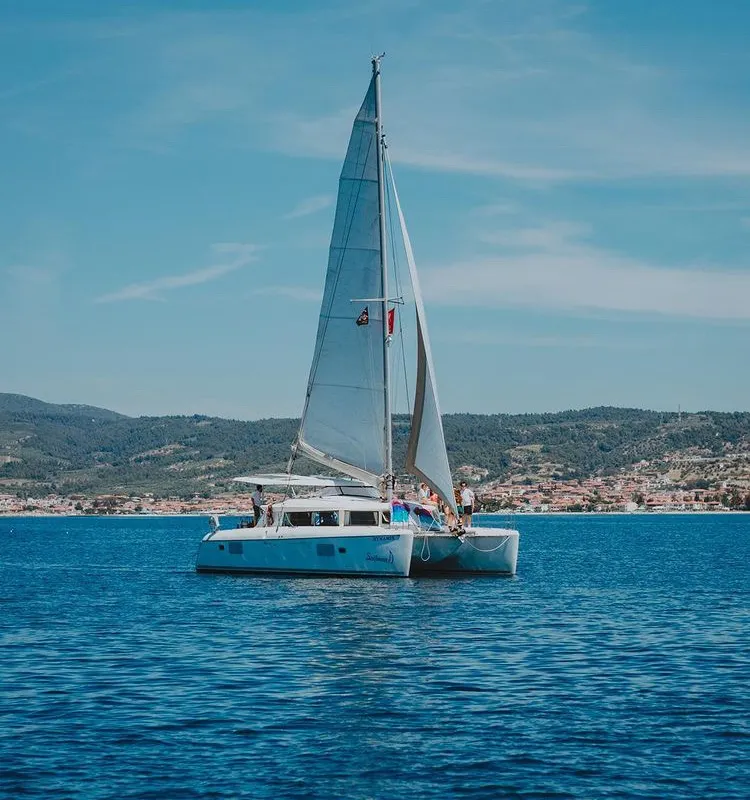 Exterior view of Dynamis, a Lagoon 420 catamaran at Sithonia, Greece