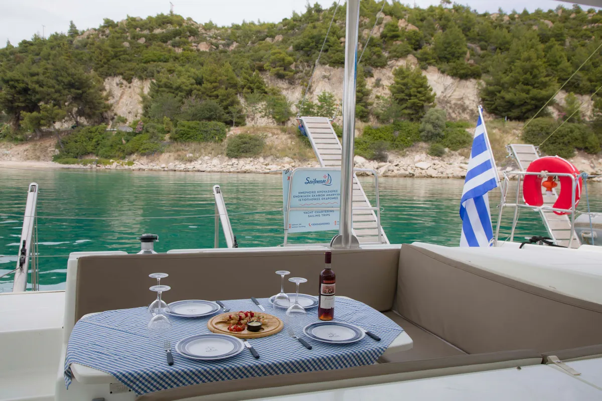 Dynamis, a Lagoon 420 catamaran at Sithonia, Greece