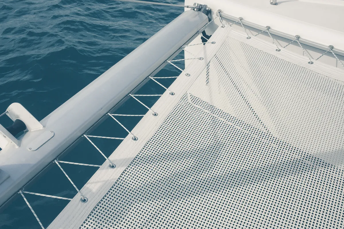 Deck of Dynamis, a Lagoon 420 catamaran at Sithonia, Greece