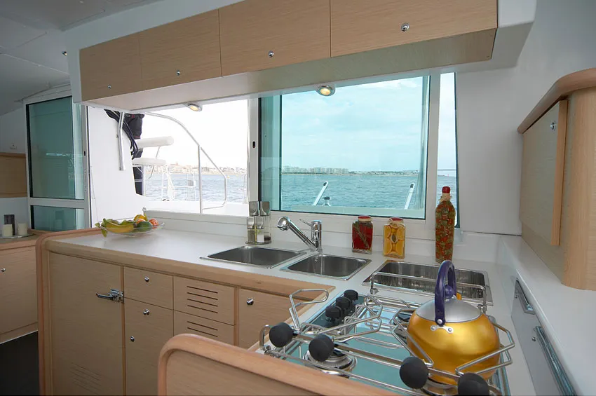 Salon of Dynamis, a Lagoon 420 catamaran at Sithonia, Greece